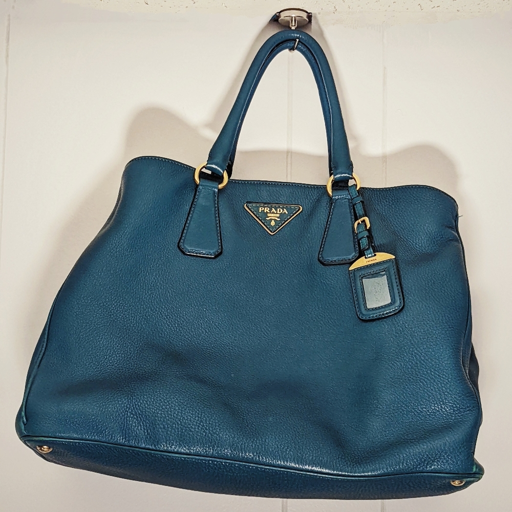 Prada Vitello Daino Turquoise Teal Leather Tote